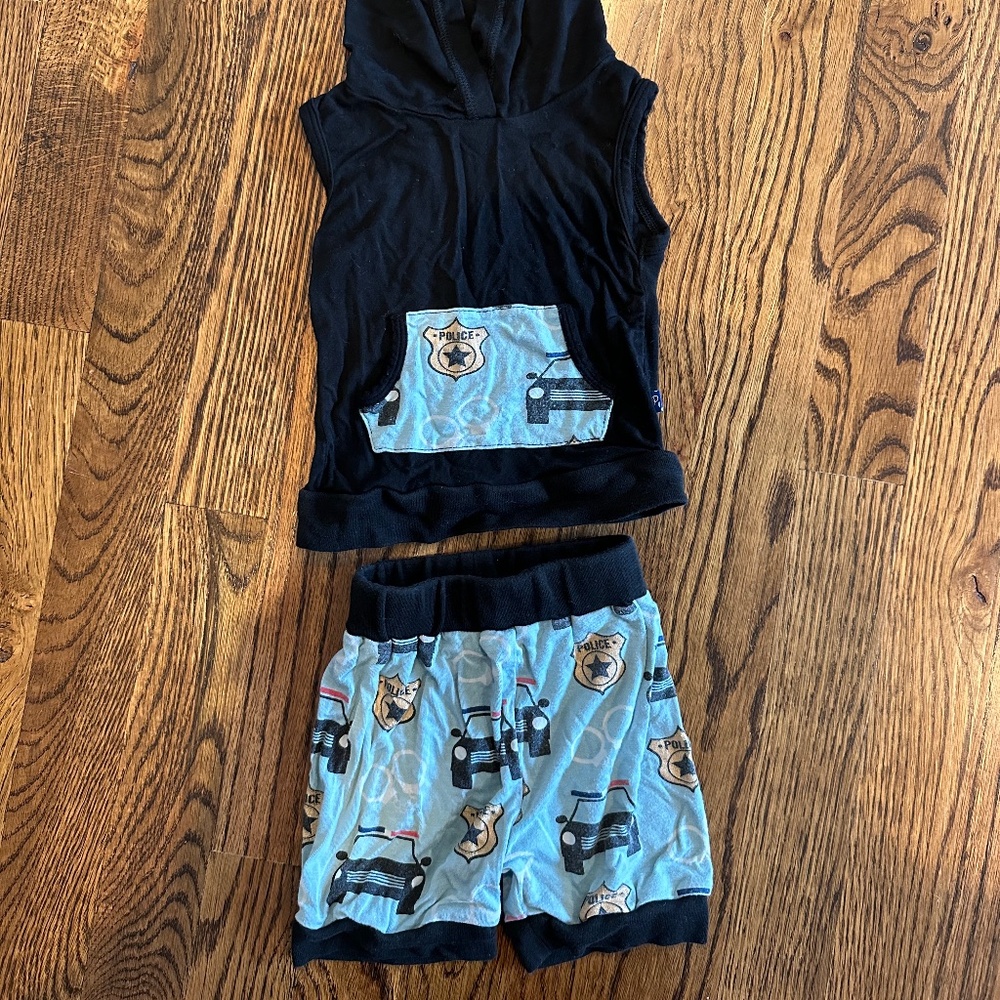 Kickee Pants Matching Shorts / No Sleeve Hoodie Set Police Print 3-6 Months